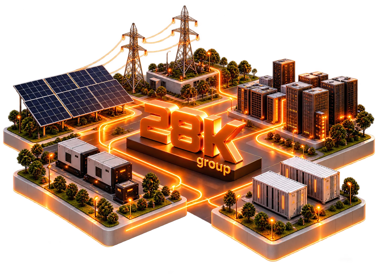 Maquete 3D de um distrito de energia com solar, geradores, baterias, linhas de transmissão e o logo da 28K Group no centro