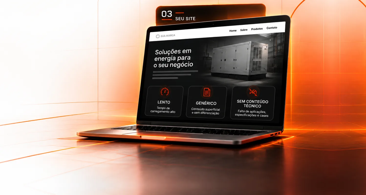 03 · Seu site — lento (tempo de carregamento alto), genérico (conteúdo superficial e sem diferenciação) e sem conteúdo técnico (falta de aplicações, especificações e cases).