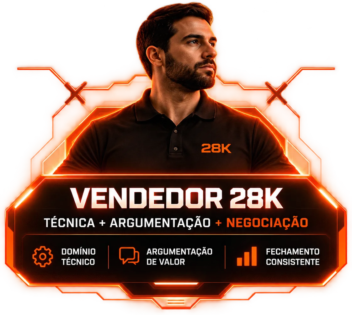 Vendedor 28K: técnica, argumentação e negociação — domínio técnico, argumentação de valor e fechamento consistente.